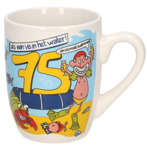 75 jaar verjaardag koffie mok/beker - Funcadeau - 300 ml - Cartoon teksten