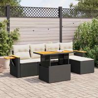6-delige Loungeset met kussens poly rattan acacia zwart