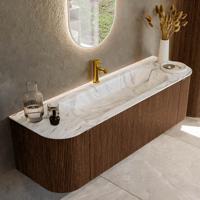 Badmeubel Mondiaz Kurve-Dlux | 150 cm | Meubelkleur Walnut | Wastafelkleur Glace | Solid surface | Midden spoelbak | 1 kraangat
