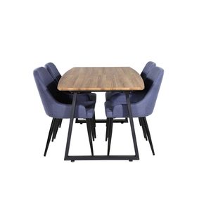 IncaNABL eethoek eetkamertafel uitschuifbare tafel lengte cm 160 / 200 el hout decor en 4 Plaza eetkamerstal blauw,