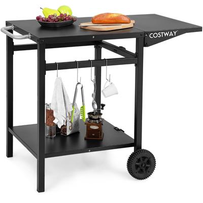 Grillwagen met Inklapbaar Tafelblad Beweegbare Campingtafel met 2 Planken en 4 Haken Metalen Grilltafel voor Buiten Zwart