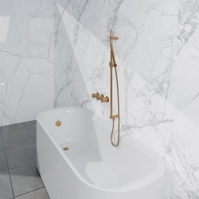 Fortifura Nebbio Badcombinatie-set - thermostaatkraan - glijstang met geïntegreerde wandaansluitbocht - metalen doucheslang - staaf handdouche - badafvoer opbouw - geborsteld messing PVD (goud) SW1183067 SW1111531 SW706206 SW720570 SW1108811 SW