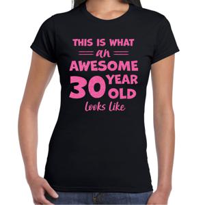 Verkleed T-shirt voor dames - leeftijd 30 jaar - awesome - zwart - glitter roze - Verjaardagsfeest