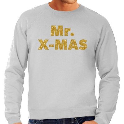 Foute Kersttrui Mr. x-mas gouden glitter letters grijs heren Foute Kersttrui Mr. x-mas gouden glitter letters grijs heren