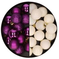 Kleine kerstballen - 28x st - wol wit en paars - 3 cm - kunststof - Kerstbal