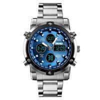 SKMEI 1389 multifunctionele mannen Business digitaal horloge 30m waterdichte grote wijzerplaat polshorloge met roestvrijstaal horlogebandje (blauw)