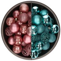 74x stuks kunststof kerstballen mix van velvet roze en turquoise blauw 6 cm - thumbnail