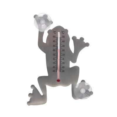 Binnen/buiten thermometer - grijze kikker - 16 cm - met zuignapen