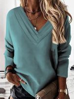 Casual Loose V Neck Plain Sweatshirt - thumbnail