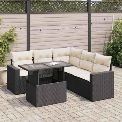 6-delige Loungeset met kussens poly rattan zwart