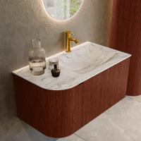 Badmeubel Mondiaz Kurve-Dlux | 85 cm cm | Meubelkleur Ruby | Wastafelkleur Glace | Solid surface | Wasbak rechter zijde spoelbak | 1 kraangat