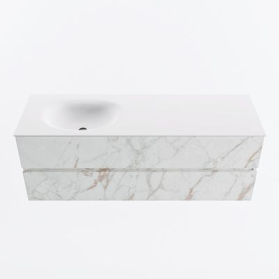 MONDIAZ VICA 140cm badmeubel onderkast Carrara 2 lades. Wastafel MOON links zonder kraangat, kleur Talc.