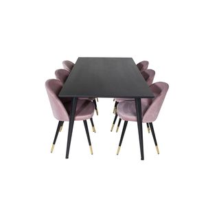 Dipp180x90BLBL eethoek eetkamertafel zwart en 6 Velvet eetkamerstal velours roze, zwart, messing decor.