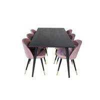 Dipp180x90BLBL eethoek eetkamertafel zwart en 6 Velvet eetkamerstal velours roze, zwart, messing decor. - thumbnail