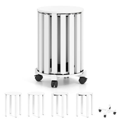 Set van 4 Stapelbare Houten Krukken Eetkamerkrukken met Massief Houten Poten en Vergrendelbare Wieltjes Multifunctionele Ronde Krukken-Wit