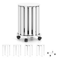 Set van 4 Stapelbare Houten Krukken Eetkamerkrukken met Massief Houten Poten en Vergrendelbare Wieltjes Multifunctionele Ronde Krukken-Wit