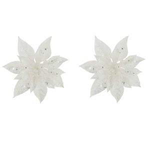 2x stuks decoratie bloemen kerstster wit glitter op clip 15 cm