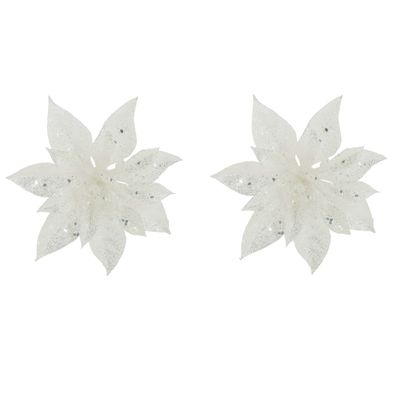 2x stuks decoratie bloemen kerstster wit glitter op clip 15 cm