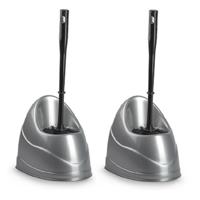 Plasticforte toiletborstels - wc-borstels - 2x stuks - met houder - 45 cm - silver - kunststof