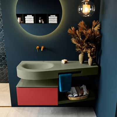 MONDIAZ RIVA 120cm badmeubel onderkast / planchet kleur Fire met 1 lade. Wastafel DULCET links 0 kraangaten kleur Army.