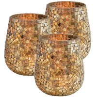 Set van 3x stuks glazen design windlicht/kaarsenhouder mozaiek champagne goud 15 x 13 cm - Waxinelichtjeshouders