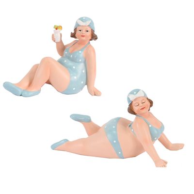Woonkamer decoratie beeldjes set van 2 dikke dames - blauw badpak - 17 cm Woonkamer decoratie beeldjes set van 2 dikke dames - blauw badpak - 17 cm