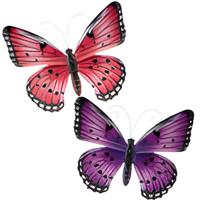 Wanddecoratie vlinders - 2x stuks - roze en paars - 34 x 28 cm - metaal - muurdecoratie tuin