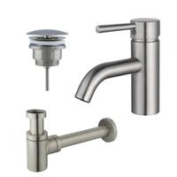 Fortifura Calvi Wastafelkraanset - lage wastafelkraan - always open plug - verlaagde design sifon - Geborsteld RVS PVD (RVS) SW377856/SW696207/SW696217