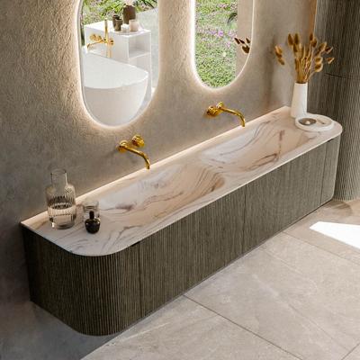 Badmeubel Mondiaz Kurve-Dlux | 190 cm | Meubelkleur Shadow | Wastafelkleur Nata | Solid surface | Wasbak beide zijden spoelbak | Zonder kraangat(en)