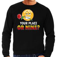Funny emoticon sweater Your place or mine zwart heren - thumbnail