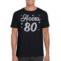 Hoera 80 jaar verjaardag cadeau t-shirt zilver glitter op zwart heren