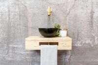 Saniclear Seba fonteinset met eiken plank, zwarte waskom en gouden kraan voor in het toilet - thumbnail