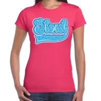 Verkleed T-shirt dames - Stout - roze - blauw panter look - fout/goud/stout