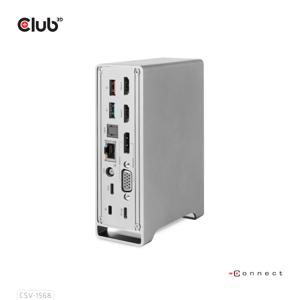 CLUB3D USB type C Universeel docking station 2x USB Gen2 Type-A 1x USB Gen1 Type-A 1x USB Type-A (ROOD) Smart Charging-poort 5V/2.4A Max. • 2x HDMI (DP Alt Mode) 1x DP (DP Alt Mode) 1x VGA 1x RJ45 max.120 Watt opladen