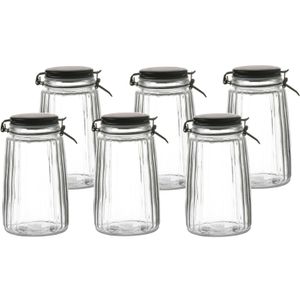 Voorraadpot/bewaarpot - 6x - 1,8L - glas - met beugelsluiting - mat zwarte deksel