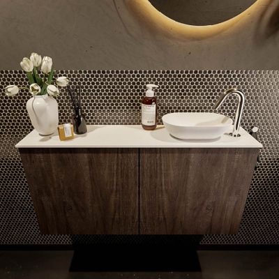 Mondiaz Fowy toiletmeubel 100cm dark brown met blad en waskom talc rechts 1 kraangat