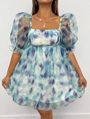 Petite Tie Dye Puff Sleeve Organza Fit and Flare Summer Dress Multicolor / Petite S Petite Tie Dye Puff Sleeve Organza Fit and Flare Summer Dress Multicolor / Petite S