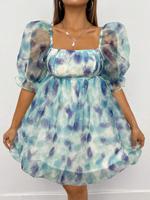 Petite Tie Dye Puff Sleeve Organza Fit and Flare Summer Dress Multicolor / Petite S