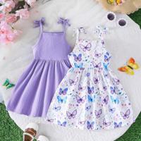 2pcs/Set Baby Girls Cartoon Animal Print Sleeveless Strap Dress & Solid Color Sleeveless Strap Dress Multicolor / 18-24M
