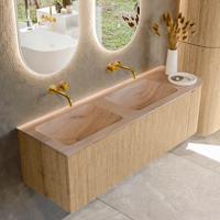 Badmeubel Mondiaz Kurve-Dlux | 145 cm | Meubelkleur Oak | Wastafelkleur Saba | Solid surface | Dubbel / Links spoelbak | Zonder kraangat(en)