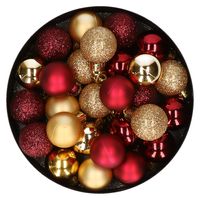 28x stuks kunststof kerstballen goud en donkerrood mix 3 cm - thumbnail