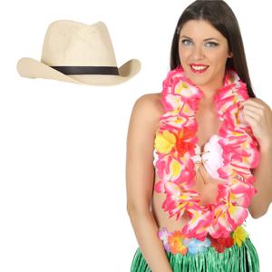 Carnaval verkleedset - Tropical Hawaii party - stro cowboy hoed - en volle bloemenslinger roze