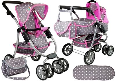 Viking Choice  Poppenwagen 2in1 met tas - Grijs met roze