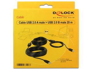 Delock USB-kabel USB 2.0 USB-A stekker, USB-B stekker 20.00 m Zwart UL gecertificeerd 83557