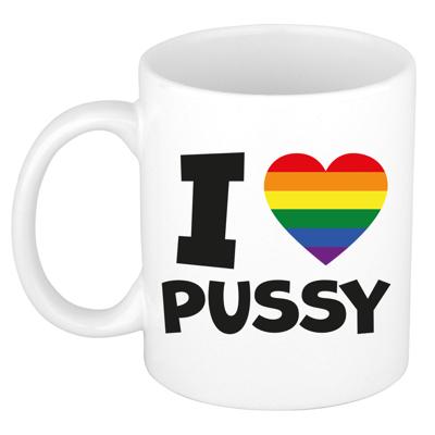 Cadeau koffie/thee mok - regenboog - I love pussy - pride / gay - 300 ml - keramiek - vrijgezellen