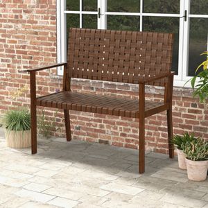 2-Zits Terrasbank Buiten Loveseat voor Elk Weer Massief Hevea Houten Frame Handgeweven PU Leer voor Binnen Buiten Bruin