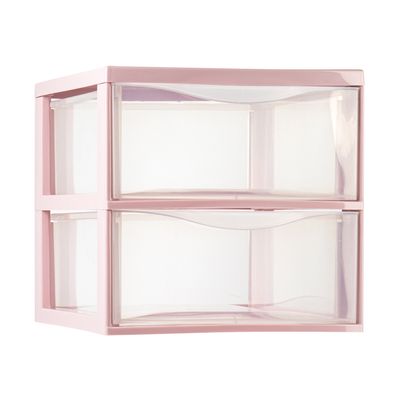 Ladeblokje/bureau organizer met 2x lades - transparant/roze - L26 x B36 x H25 cm - plastic