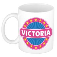 Victoria voornaam koffiemok - beker - wit/roze - 300 ml - Cadeau - Dames - Collega - Moederdag