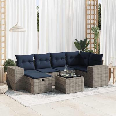 7-delige Loungeset met kussens poly rattan grijs