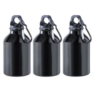 6x Stuks aluminium waterfles/drinkfles zwart met schroefdop en karabijnhaak 330 ml